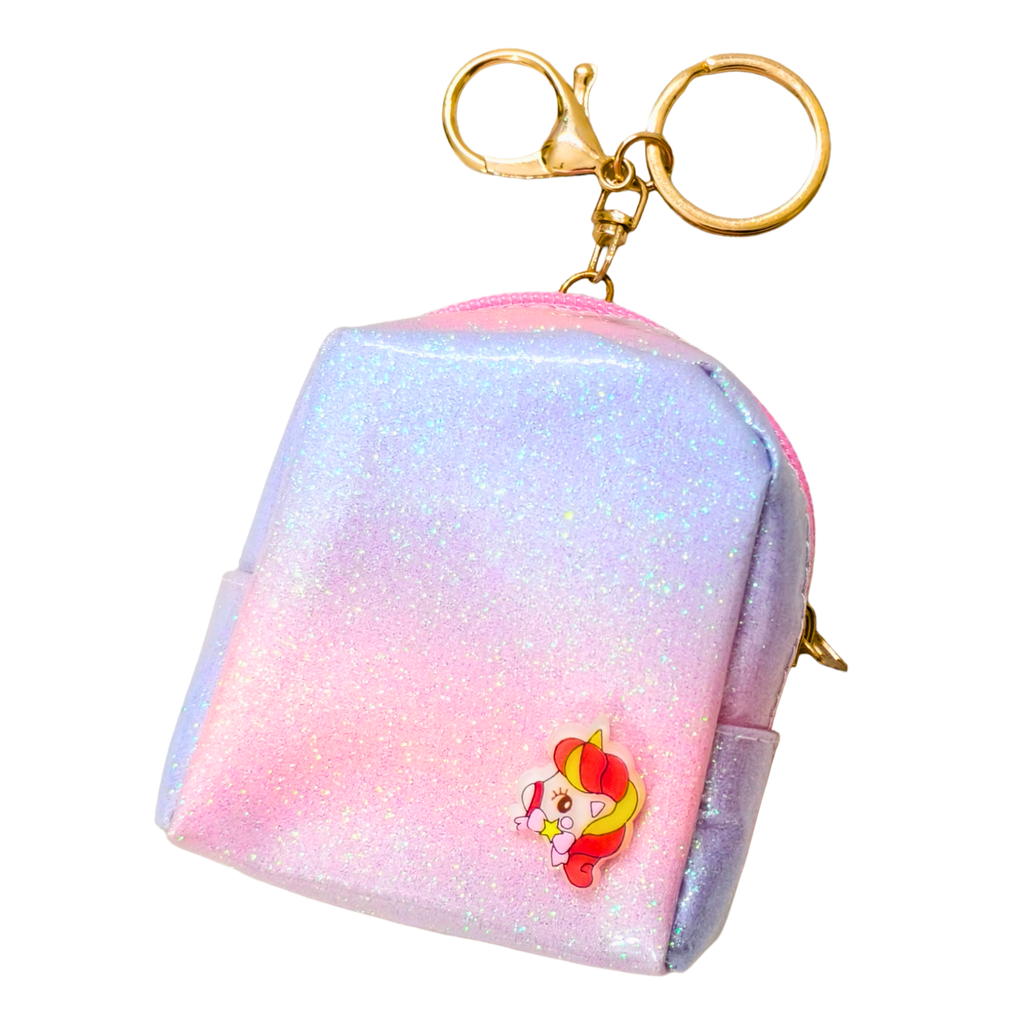 Glittery pink and blue keychain pouch with a cartoon character on a white background