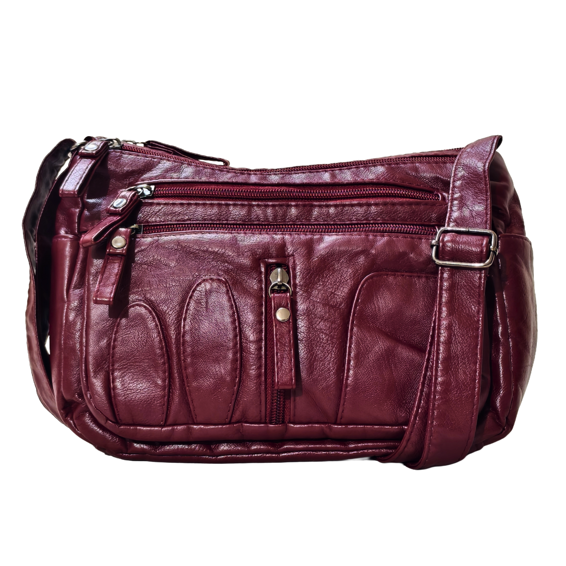 Maroon leather handbag with multiple pockets and zippers on a white background