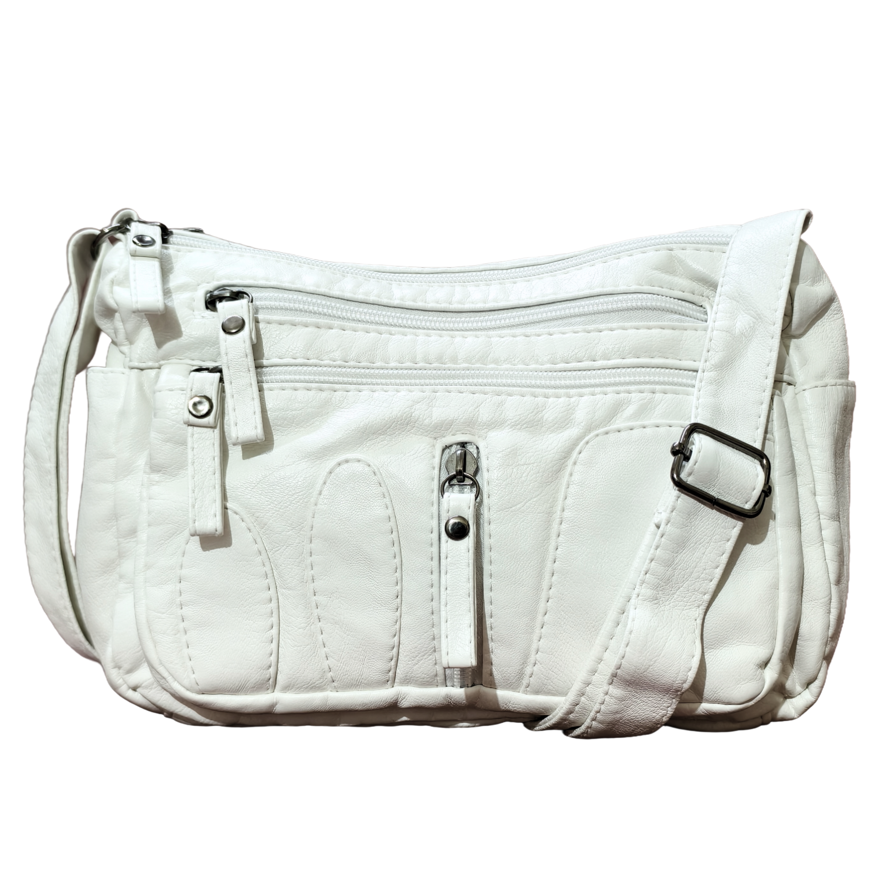 White handbag with multiple zippers on a white background