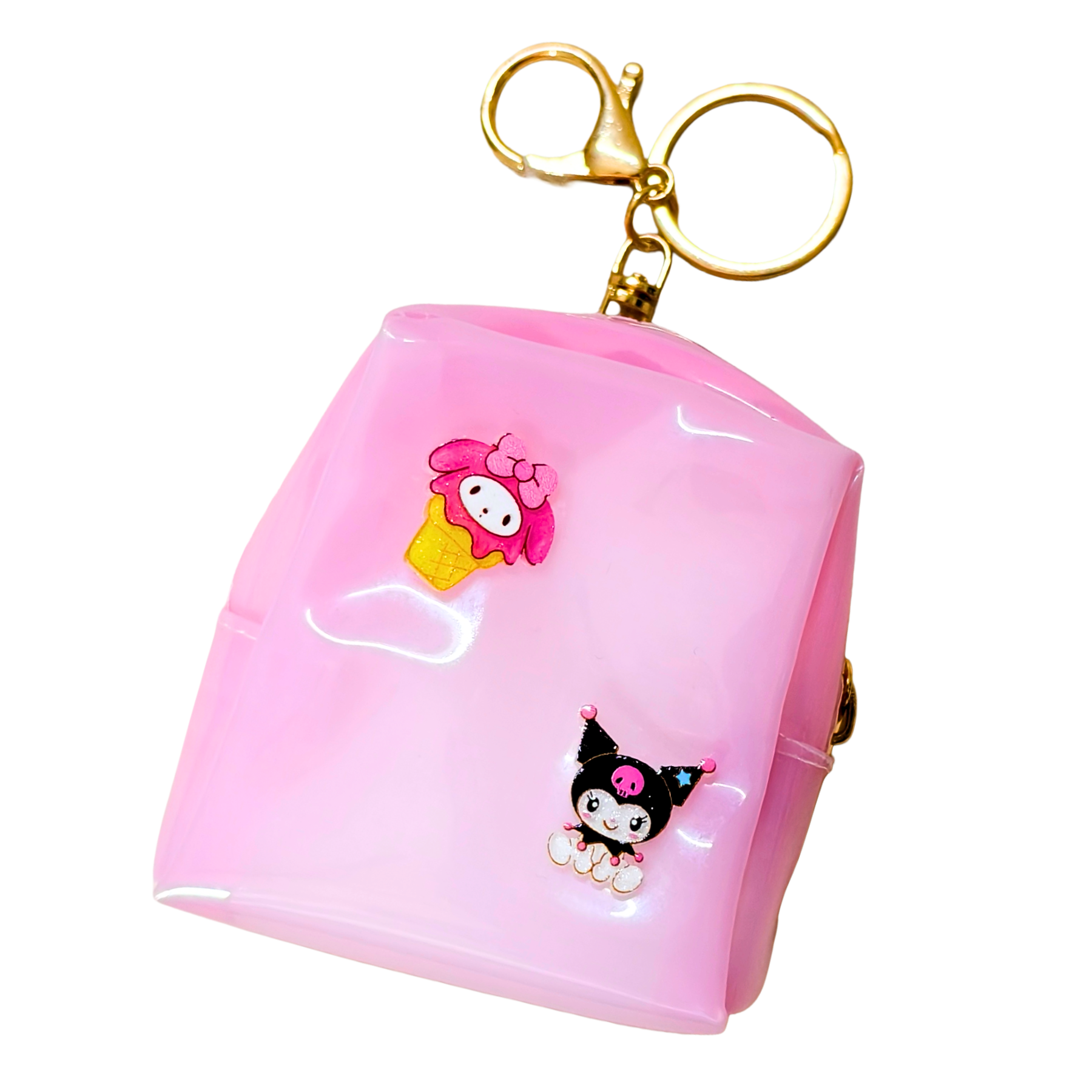 Pink keychain case with cartoon characters on a white background