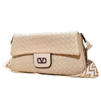 Beige quilted handbag with a visible brand logo on a white background