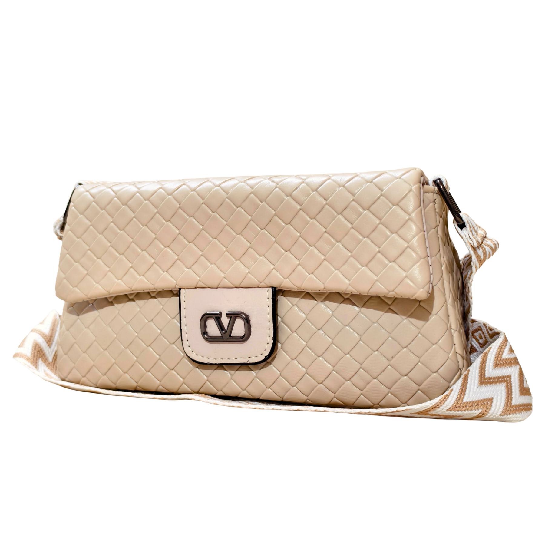 Beige quilted handbag with a visible brand logo on a white background