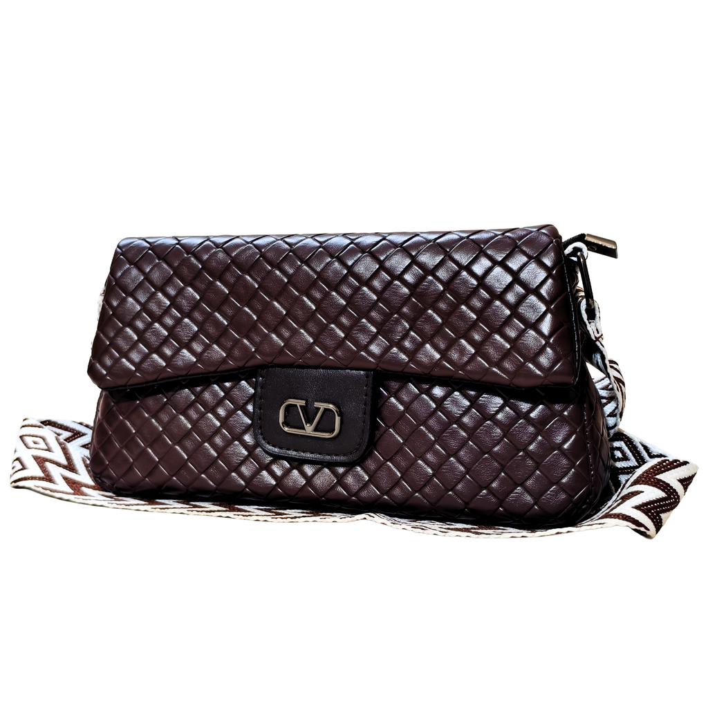 Brown woven handbag on a white background