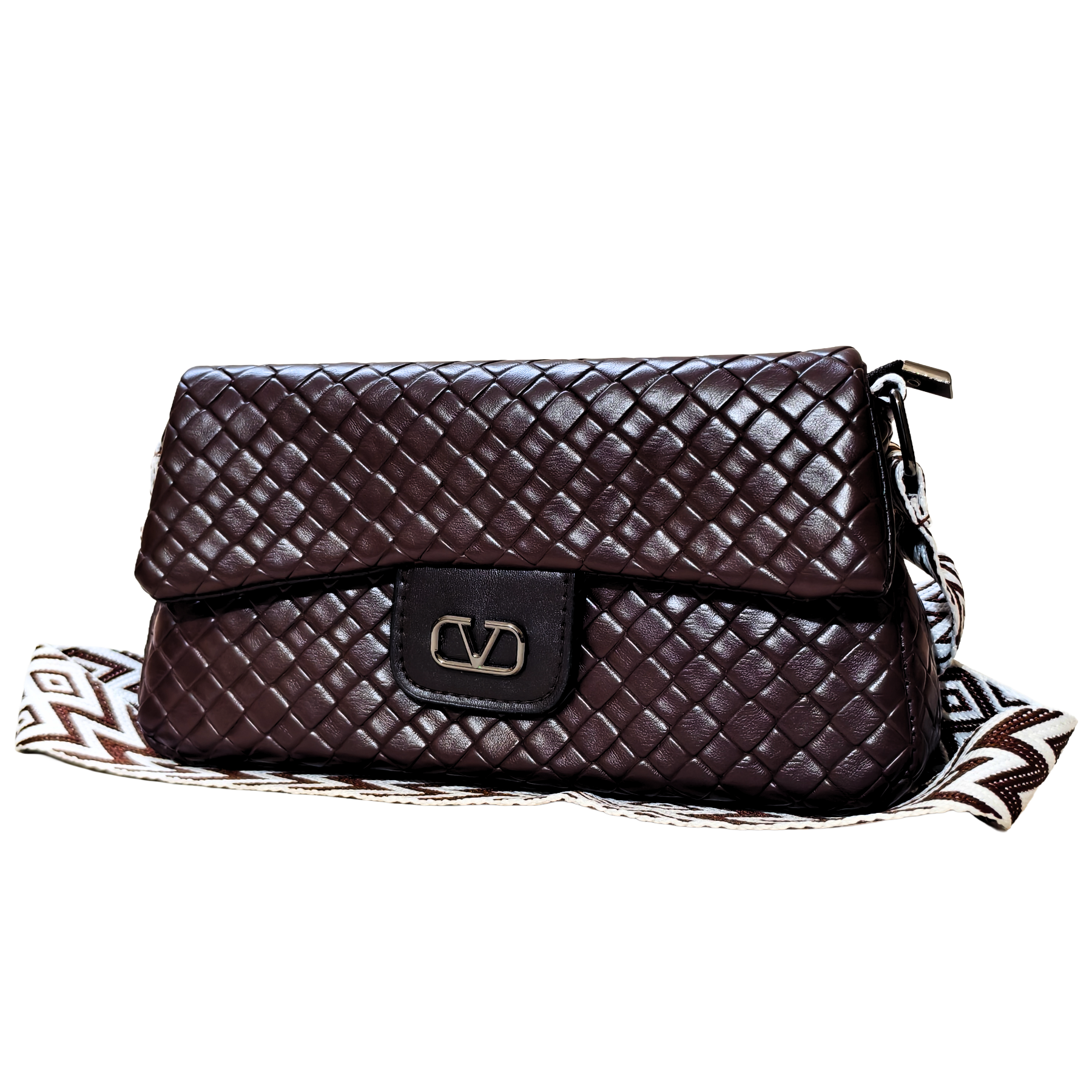 Brown woven handbag on a white background