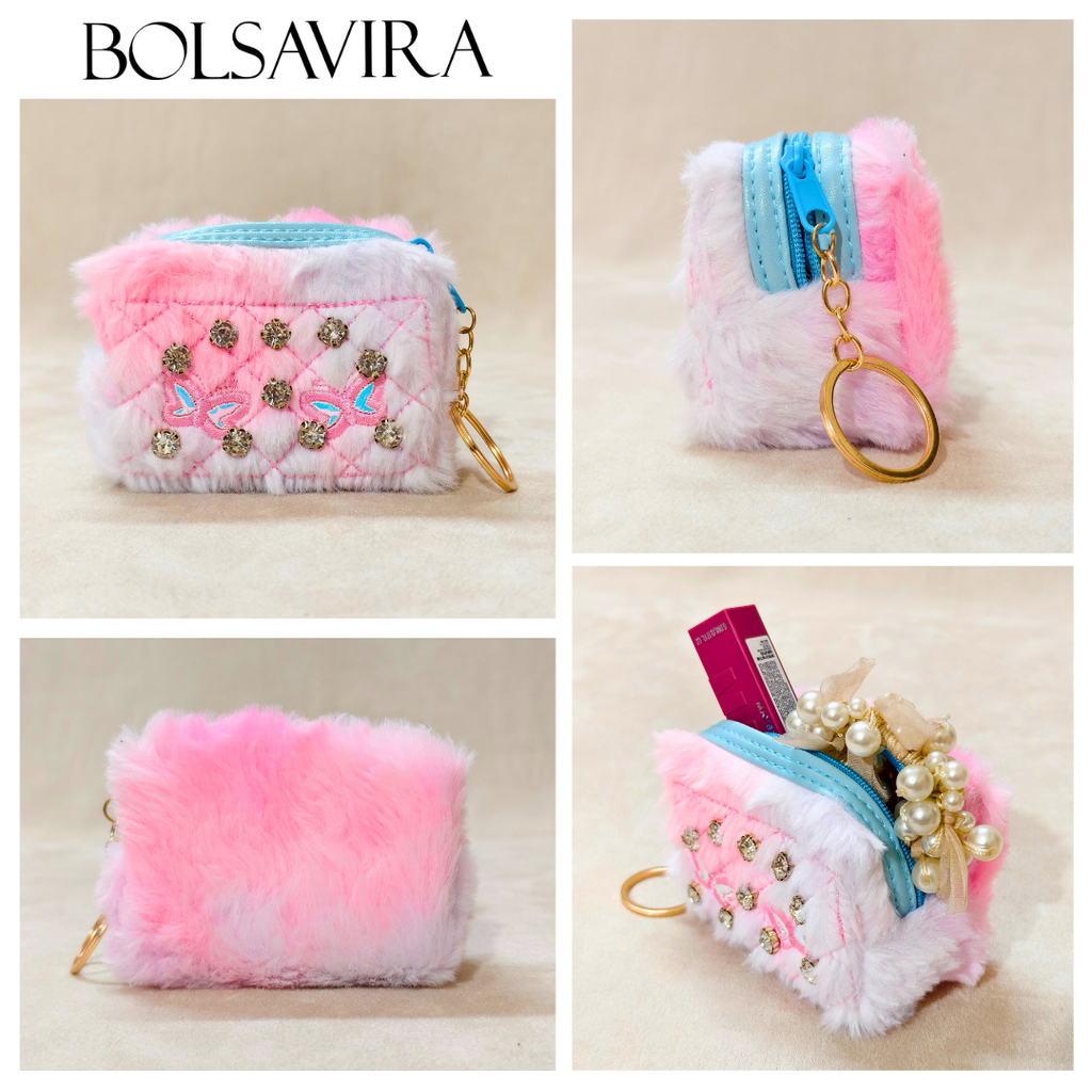 Collage of a pink fluffy pouch with decorative elements on a beige background, featuring the brand 'BOLSAVIRA'.