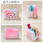 Collage of a pink fluffy pouch with decorative elements on a beige background, featuring the brand 'BOLSAVIRA'.