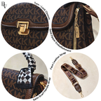 Close-up details of a brown handbag with gold accents on a white background