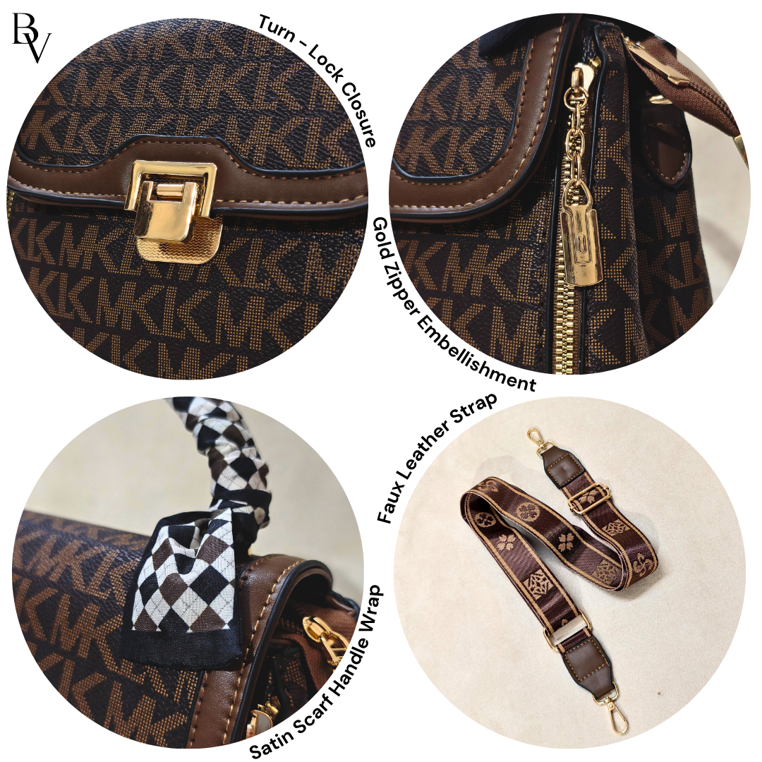 Close-up details of a brown handbag with gold accents on a white background