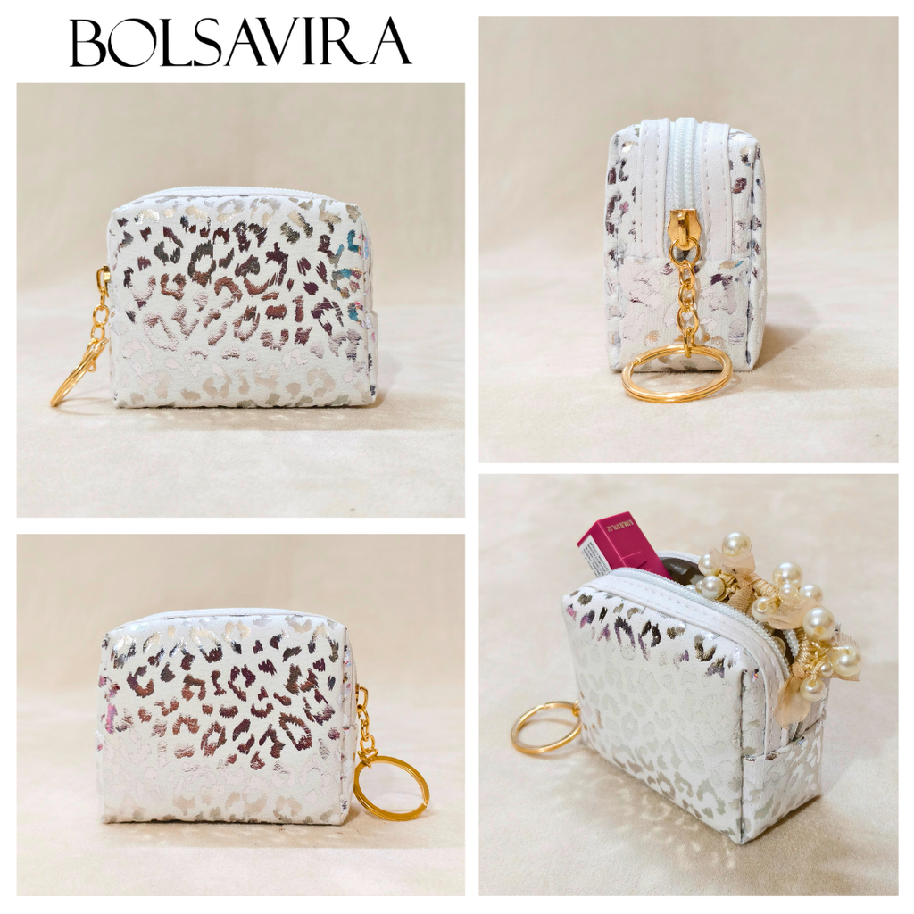 Collage of a leopard print pouch with gold zipper and keychain, branded 'BOLSAVIRA'.