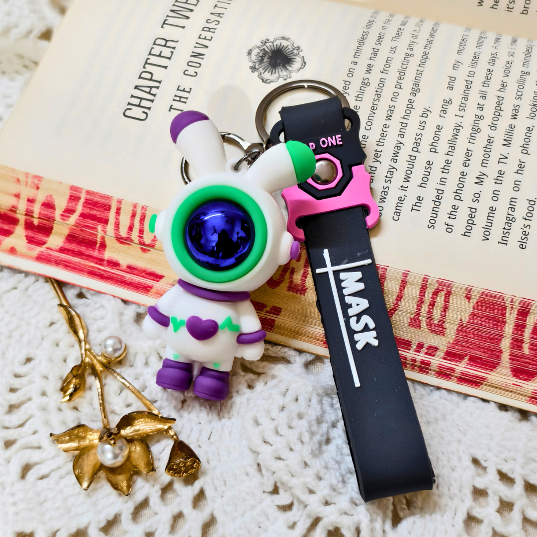 Bunny Astronaut Keyring  With Props On Crochet Background
