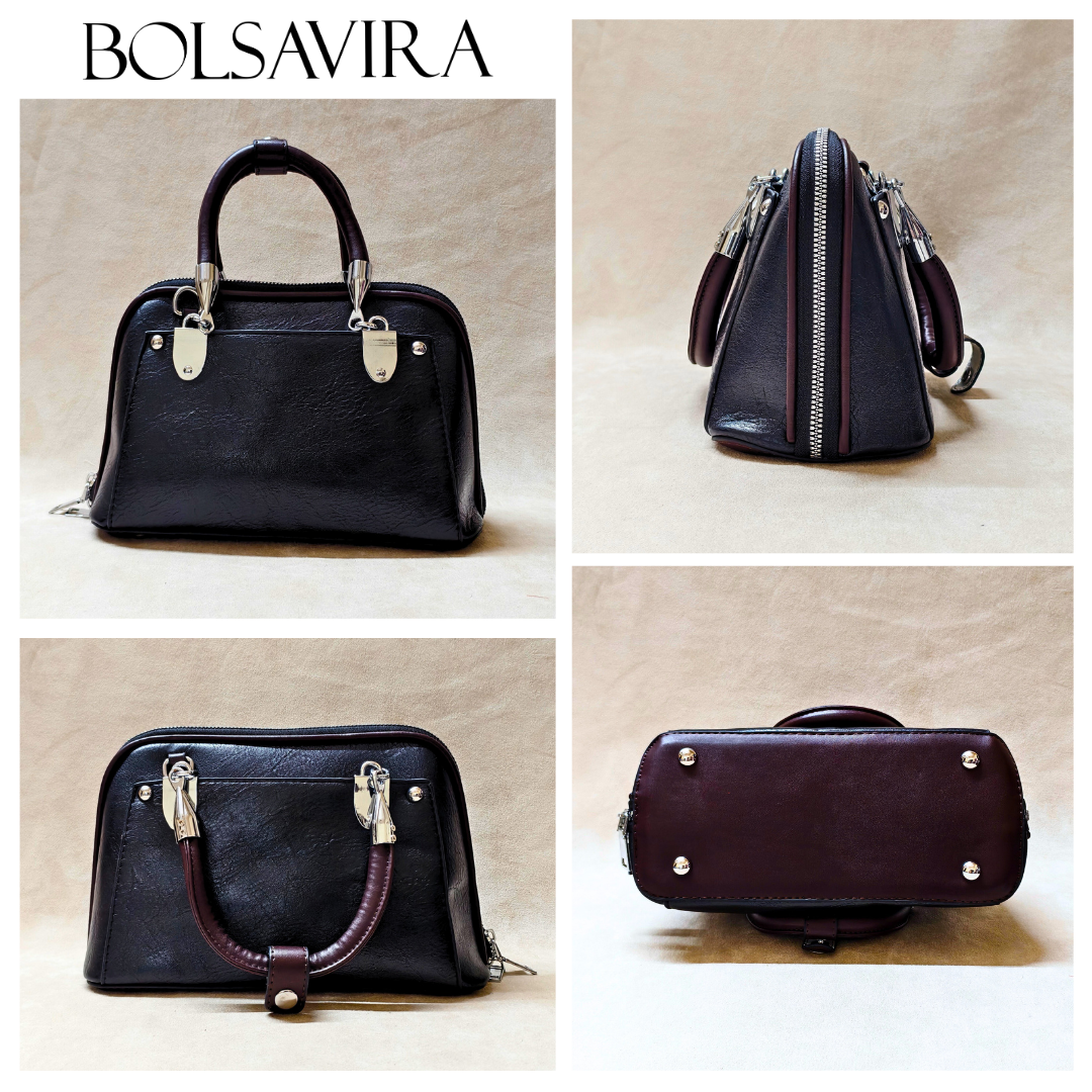 Collage of black handbags from different angles with BOLSAVIRA branding.