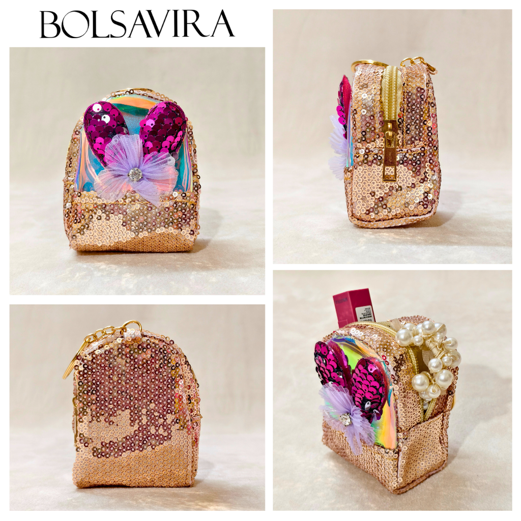 Collage of a decorative pouch with sequins and embellishments, featuring the brand 'BOLSAVIRA'.