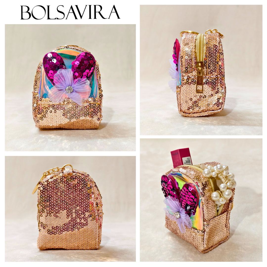 Collage of a decorative pouch with sequins and embellishments, featuring the brand 'BOLSAVIRA'.
