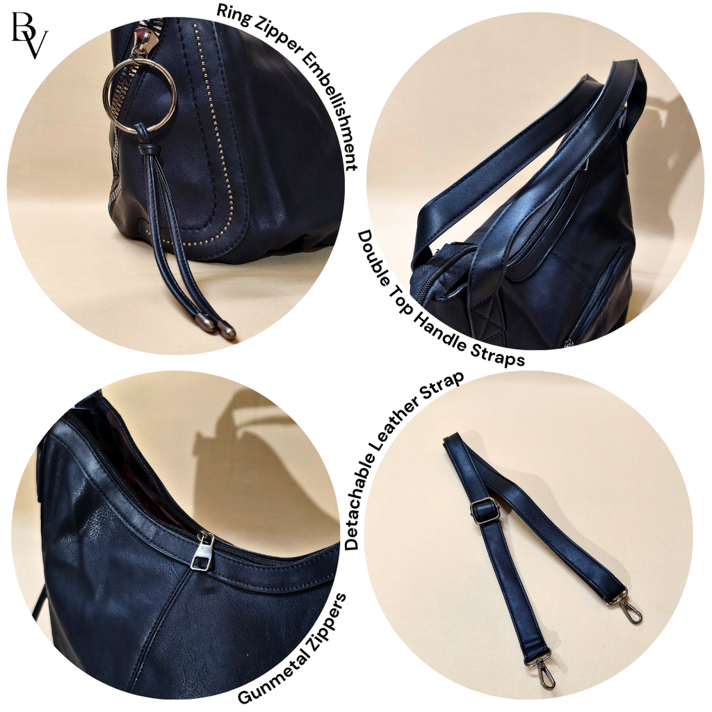 Navy blue handbag with features highlighted on a beige background