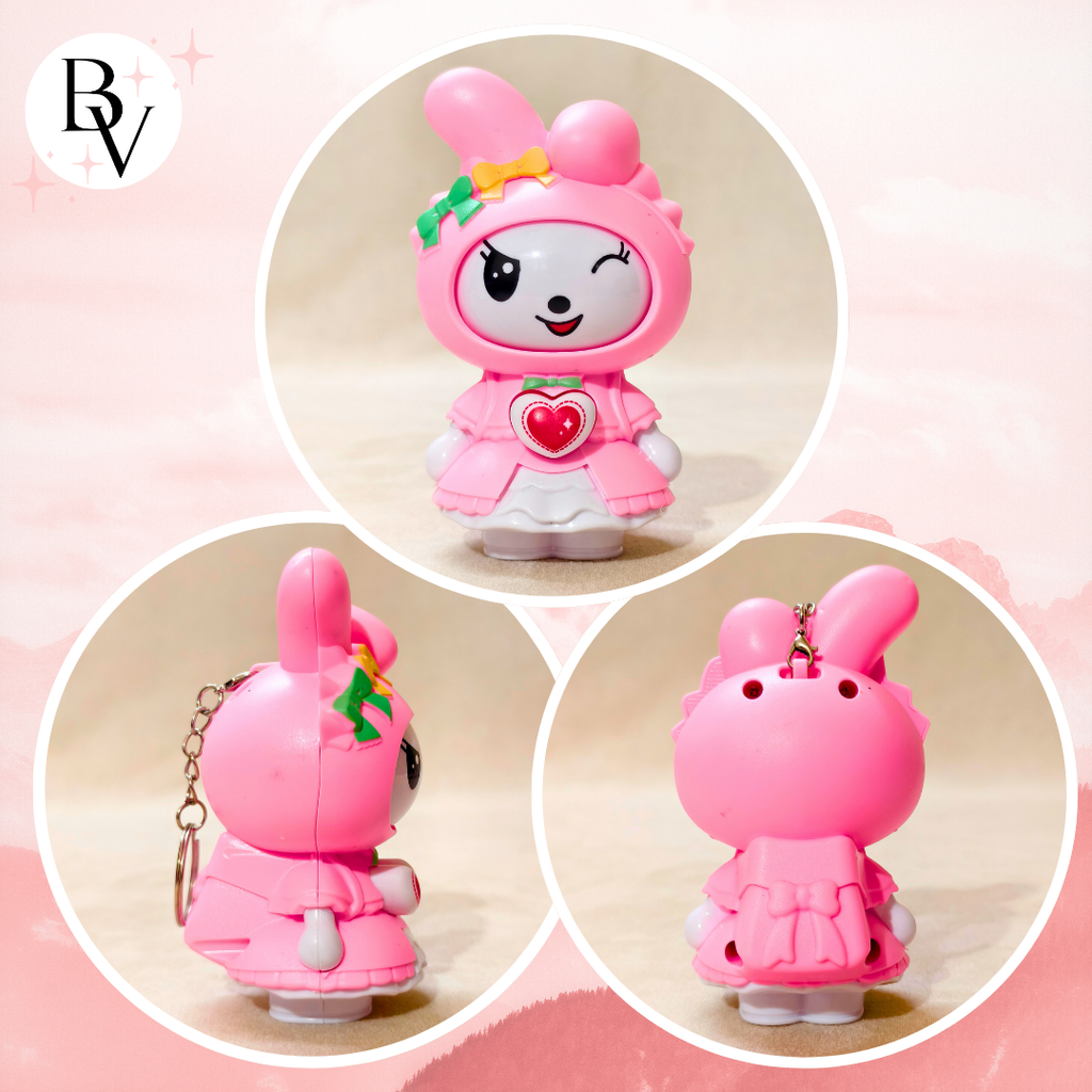 Pink cartoon character figurine with different views on a pink background