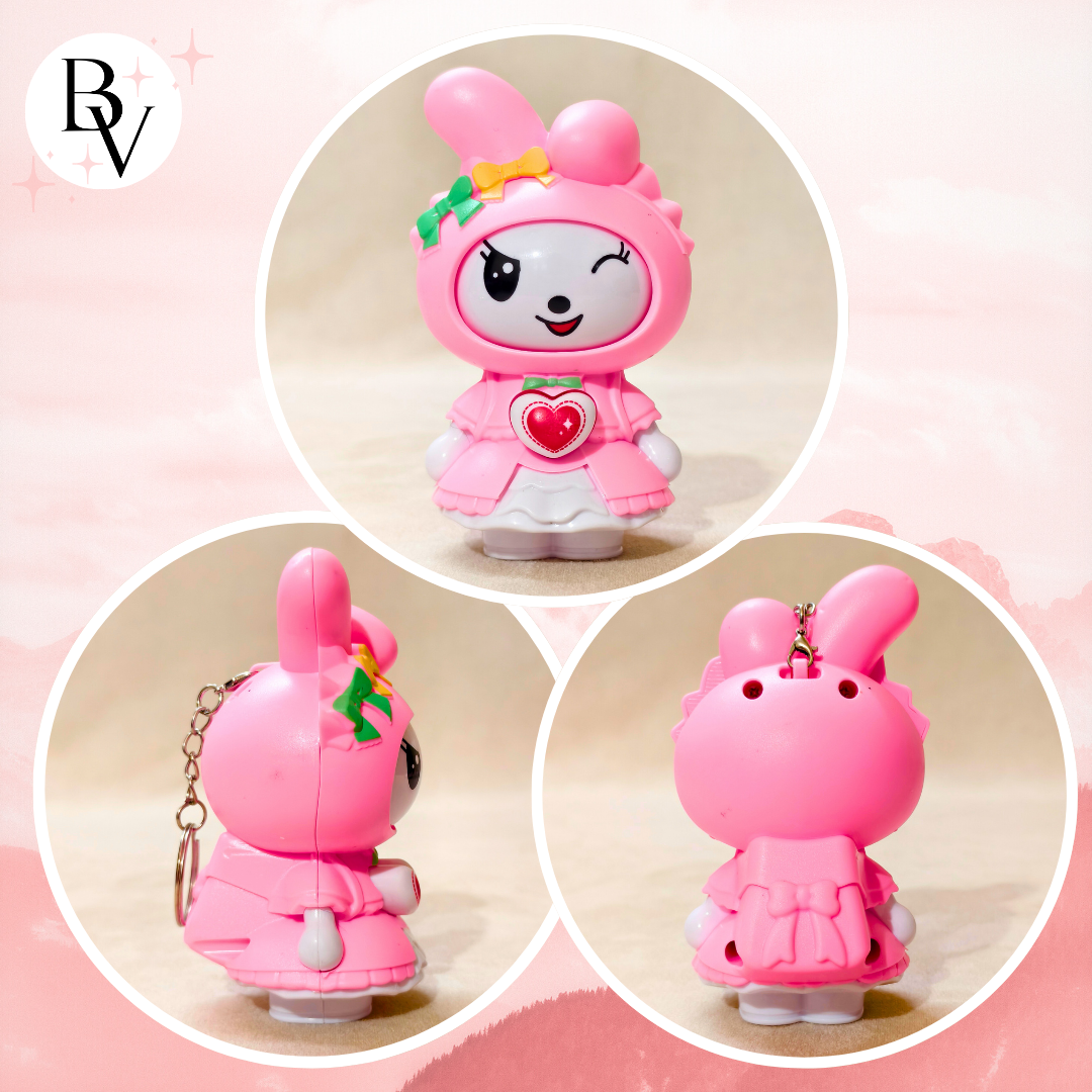 Pink cartoon character figurine with different views on a pink background