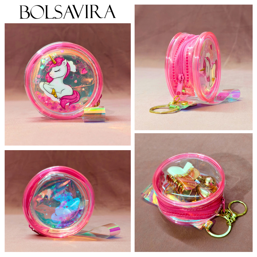 Collage of a pink transparent container with a unicorn design, featuring the brand 'BOLSAVIRA'.