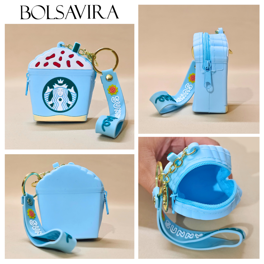 Collage of a blue star-shaped pouch with a strap and keychain, featuring the Bolsavira brand.