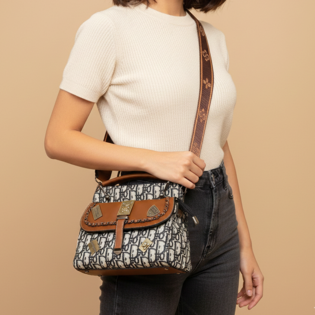 Person holding a patterned handbag with a brown strap against a beige background