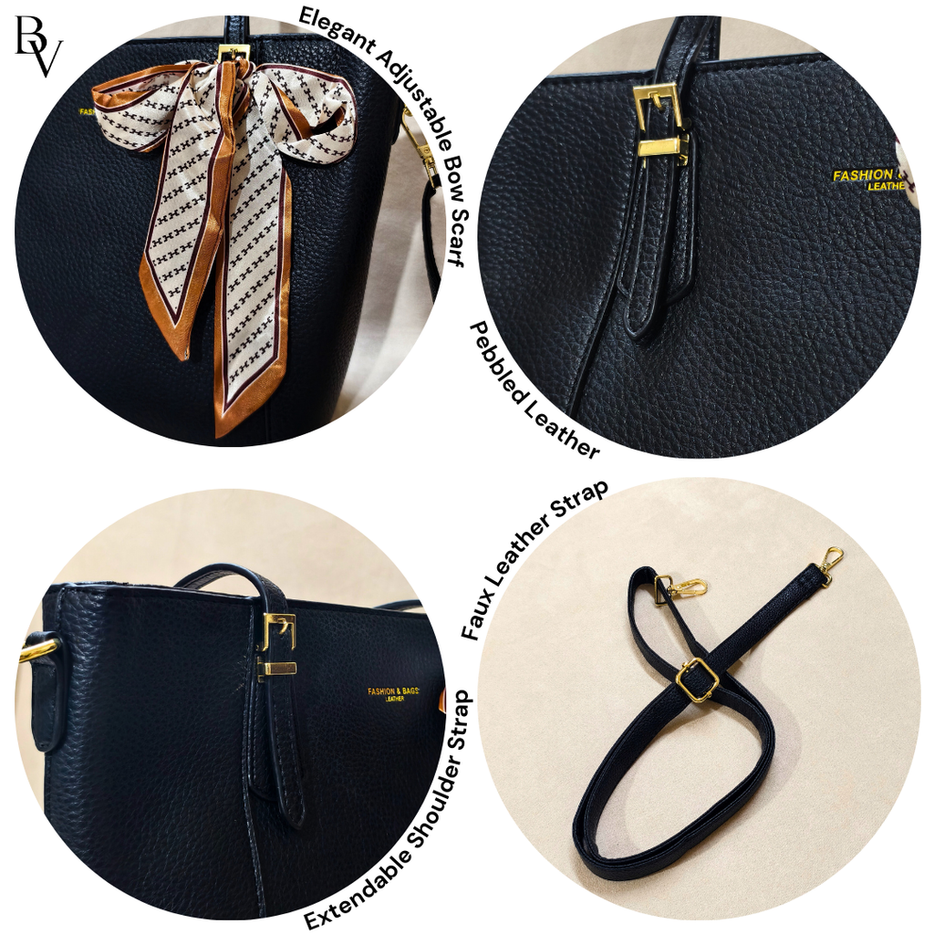 Black handbag with adjustable bow scarf, pebbled leather, and extendable shoulder strap on a white background.