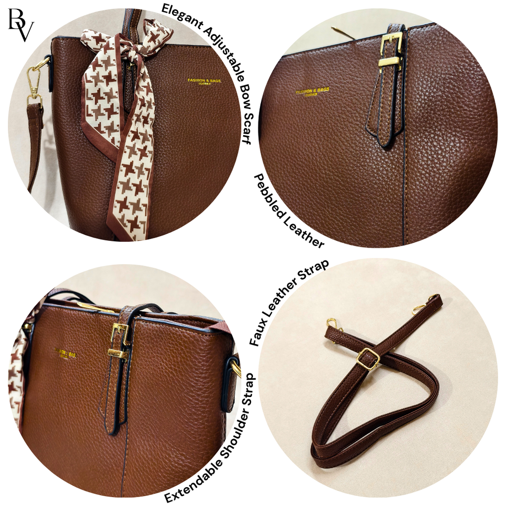 Brown leather handbag with adjustable bow scarf, pebbled leather finish, and extendable shoulder strap on a white background.