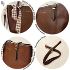 Brown leather handbag with adjustable bow scarf, pebbled leather finish, and extendable shoulder strap on a white background.
