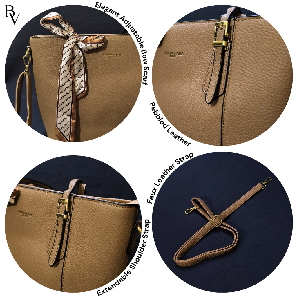 Collage of a brown handbag with features highlighted, including an adjustable bow scarf, pebbled leather, and extendable shoulder strap.