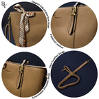 Collage of a brown handbag with features highlighted, including an adjustable bow scarf, pebbled leather, and extendable shoulder strap.