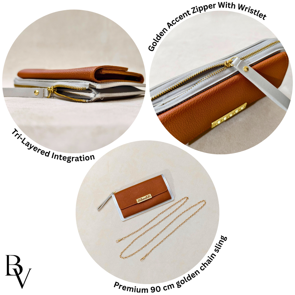 Collage of a brown leather bag with gold accents, including a zipper, wristlet, and chain sling, on a beige background.