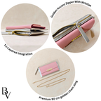 Pink wallet with gold accents and features labeled on a beige background