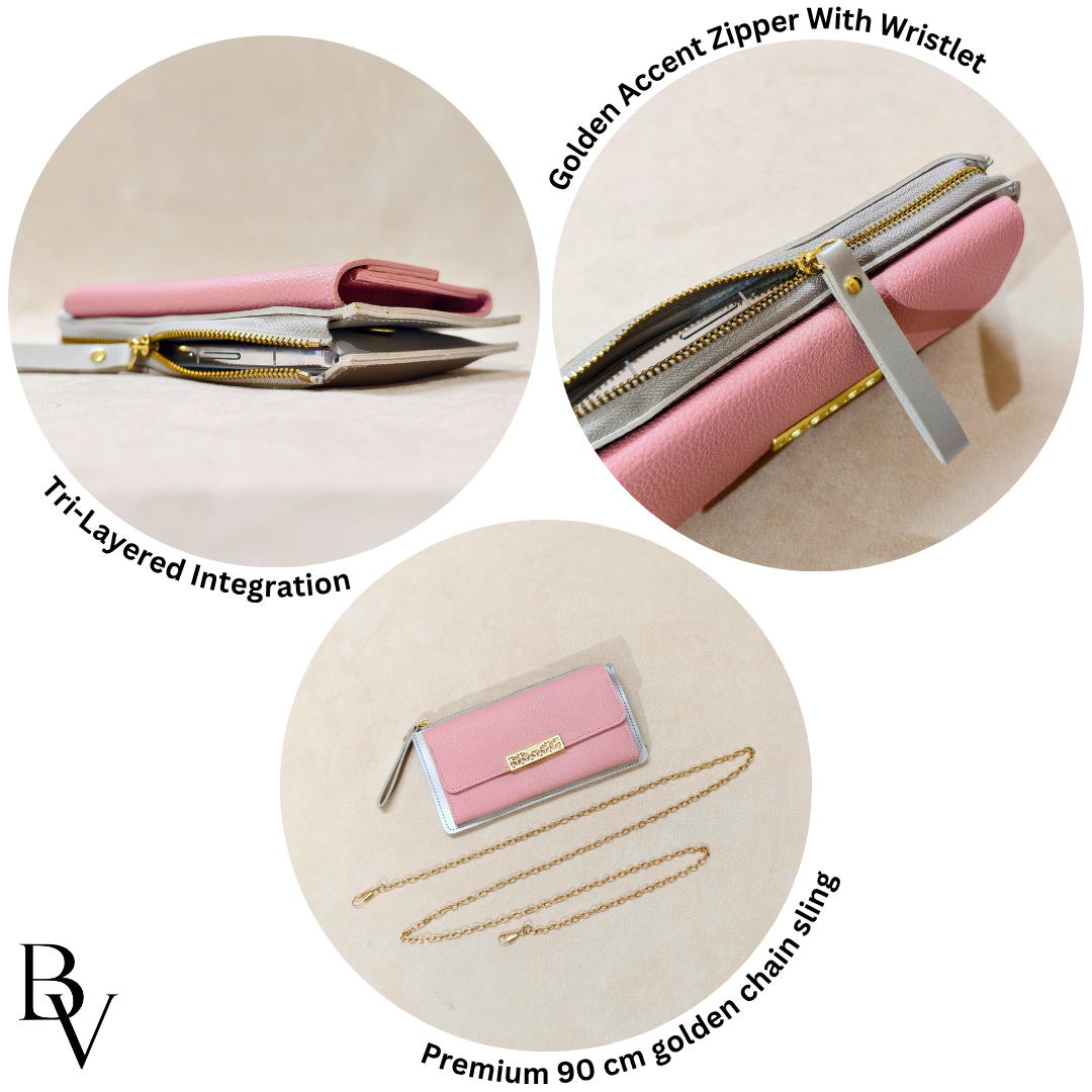 Pink wallet with gold accents and features labeled on a beige background