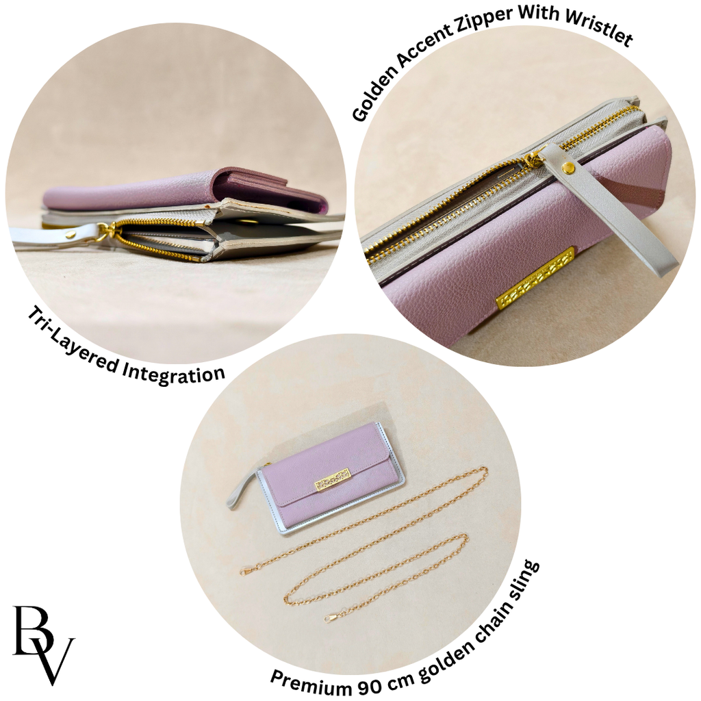 Collage of a pink purse with gold accents, including a zipper and chain sling, on a beige background.