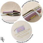 Collage of a pink purse with gold accents, including a zipper and chain sling, on a beige background.