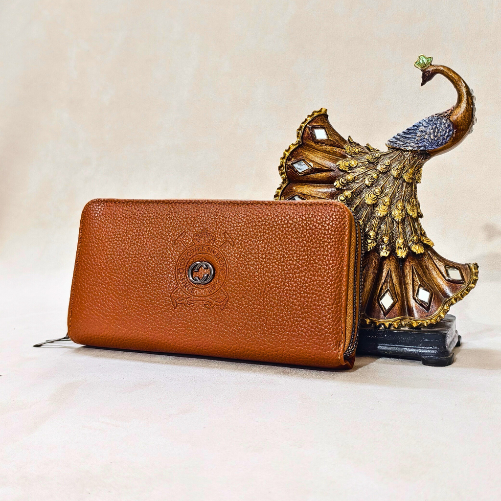 Luxury Brown Saffiano Vegan Leather Wallet for Women, 12 Card Slots, Dual-Zip Design with Detachable Wrist Strap