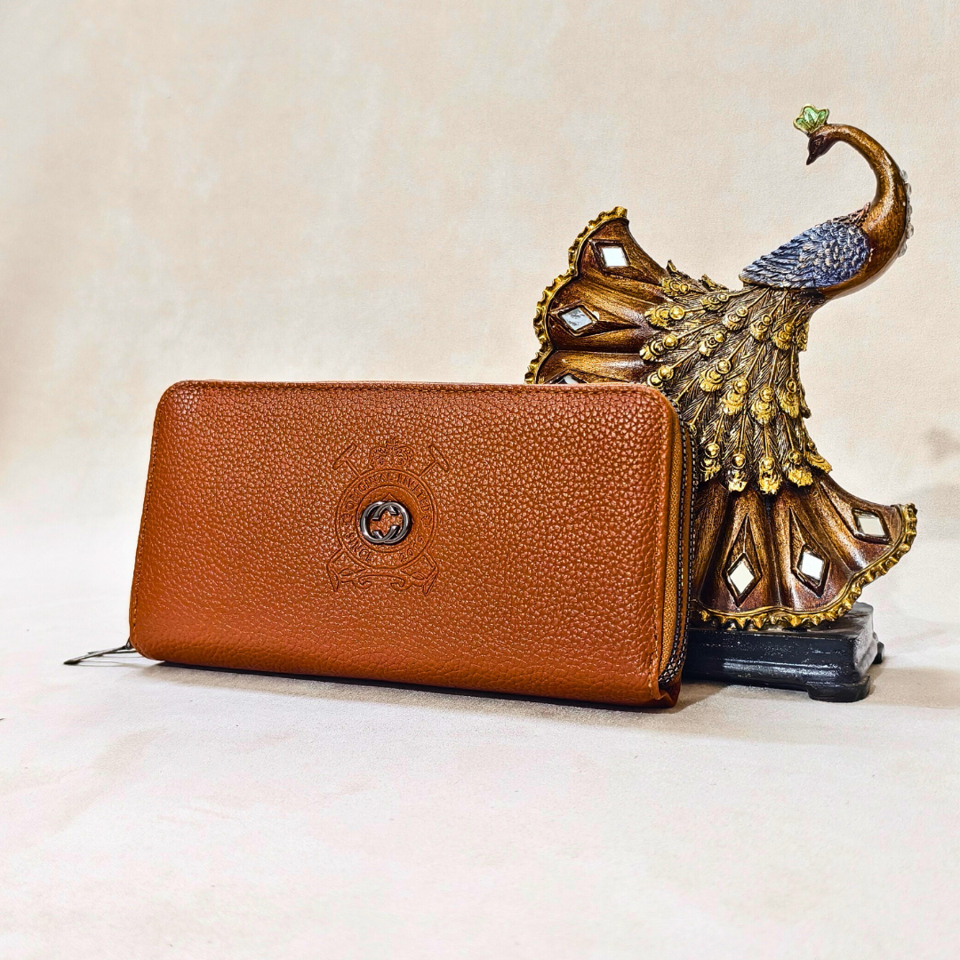 Luxury Brown Saffiano Vegan Leather Wallet for Women, 12 Card Slots, Dual-Zip Design with Detachable Wrist Strap