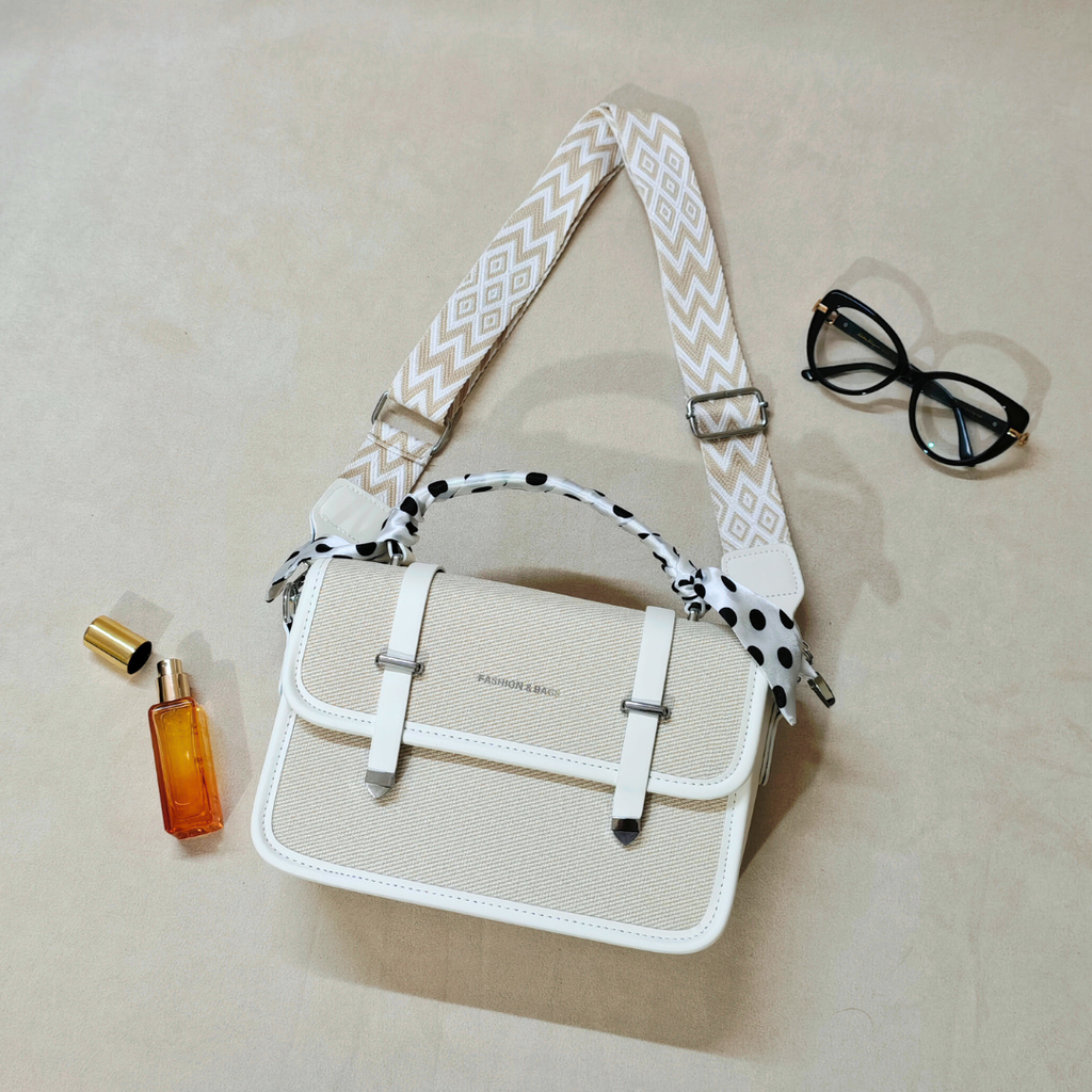 Off-White Woven Canvas Crossbody Sling Bag With Adjustable Strap And White Vegan Leather Trim For Women