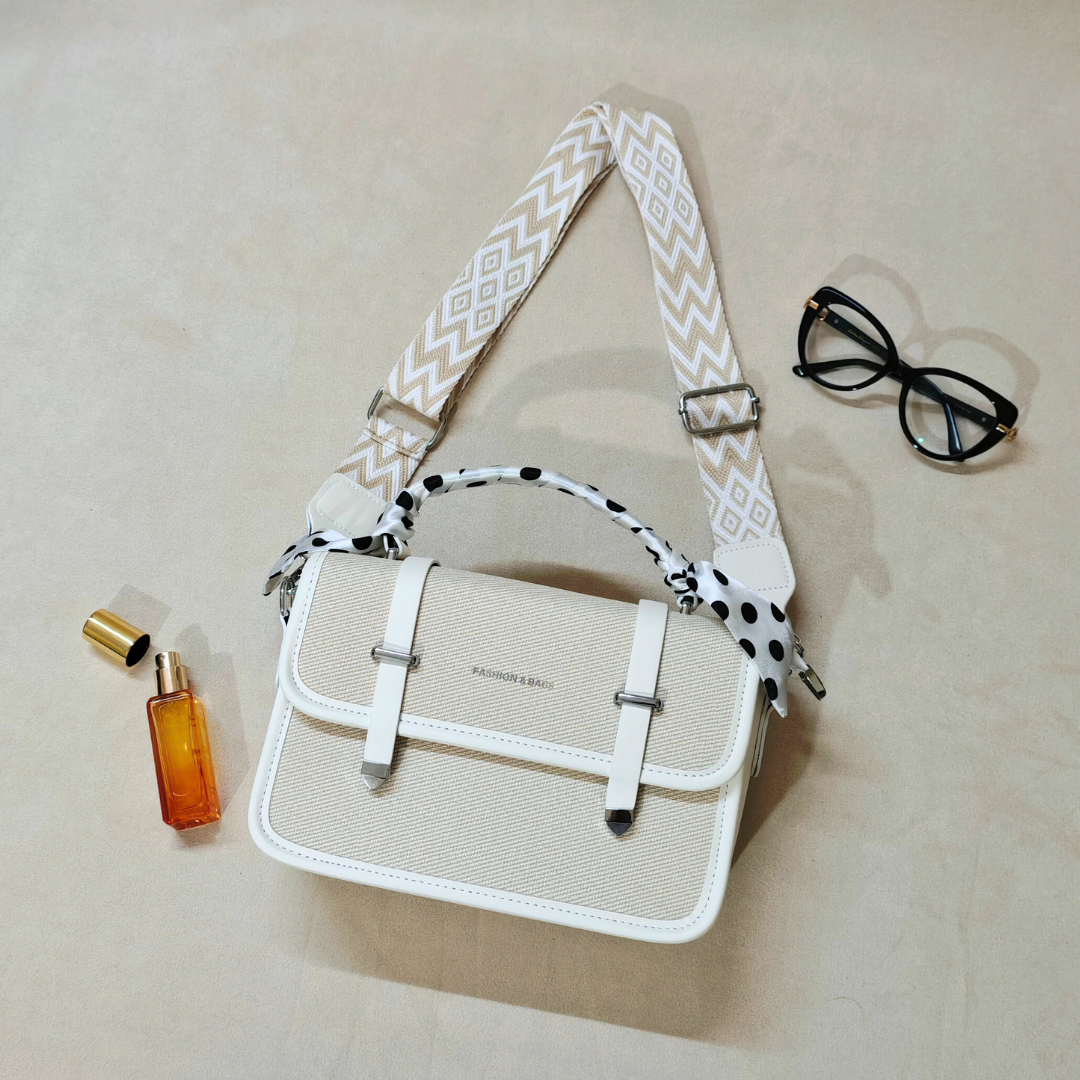 Off-White Woven Canvas Crossbody Sling Bag With Adjustable Strap And White Vegan Leather Trim For Women
