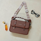 Brown Woven Canvas Crossbody Sling Bag With Adjustable Strap And Oak Brown Vegan Leather Trim For Women
