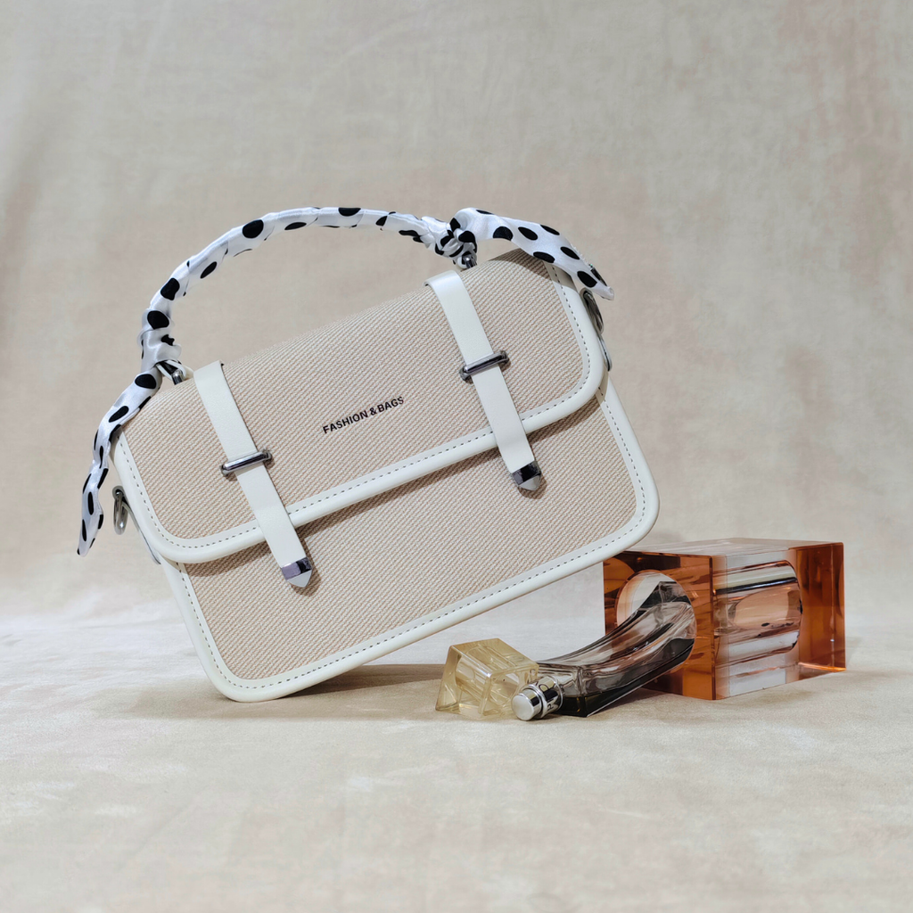Off-White Woven Canvas Crossbody Sling Bag With Adjustable Strap And White Vegan Leather Trim For Women