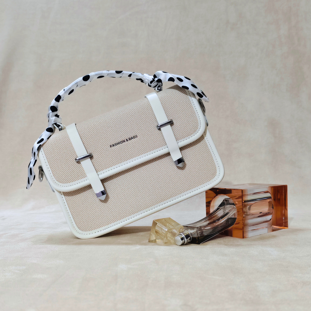 Off-White Woven Canvas Crossbody Sling Bag With Adjustable Strap And White Vegan Leather Trim For Women