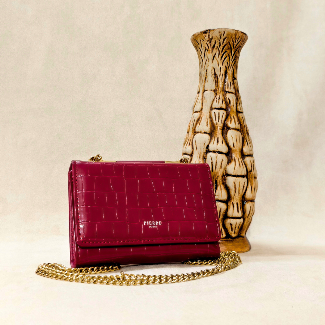 Croc-Embossed Red Vegan Leather Wallet with Sling Chain Crossbody Style with 14 Card Slots For Women