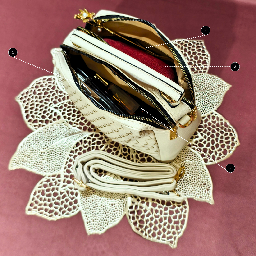 Beige handbag with gold accents on a decorative lace background