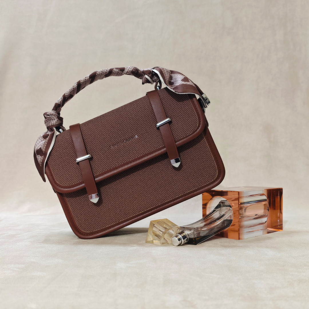 Brown Woven Canvas Crossbody Sling Bag With Adjustable Strap And Oak Brown Vegan Leather Trim For Women