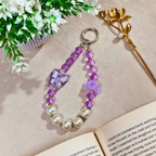 Crystal Pearl Beaded Resin Phone Charm with Character Pendant, Iridescent Pearl Kawaii Style, for Phones, Bags and Keychains, Teens and Girls