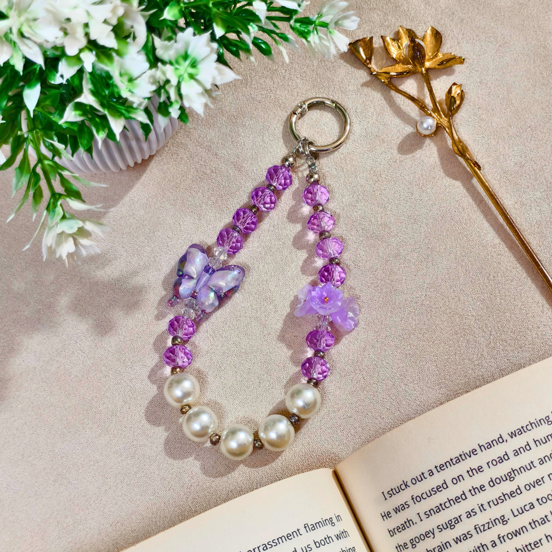 Crystal Pearl Beaded Resin Phone Charm with Character Pendant, Iridescent Pearl Kawaii Style, for Phones, Bags and Keychains, Teens and Girls