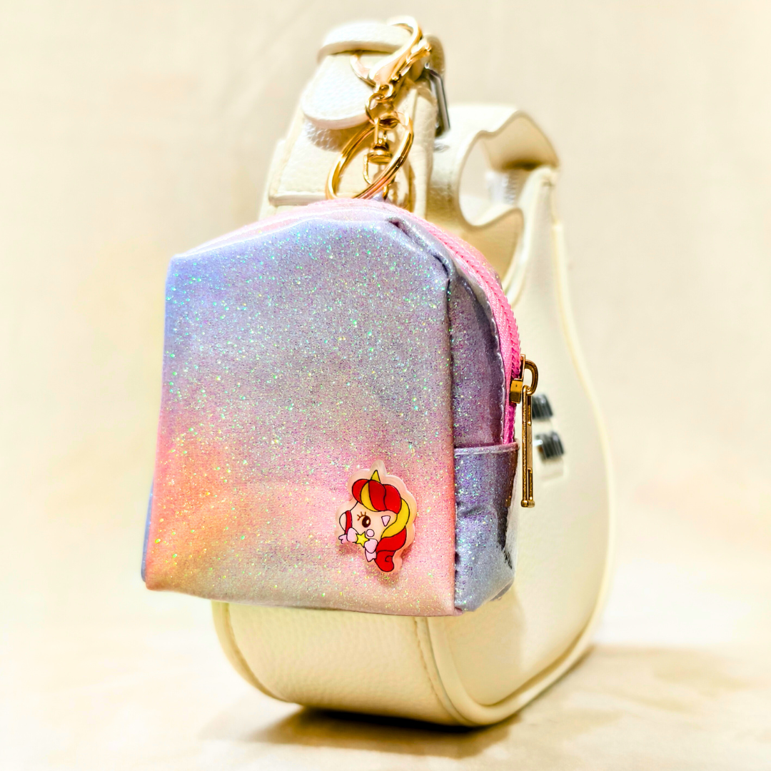 Small, colorful pouch with a cartoon character on a light beige background