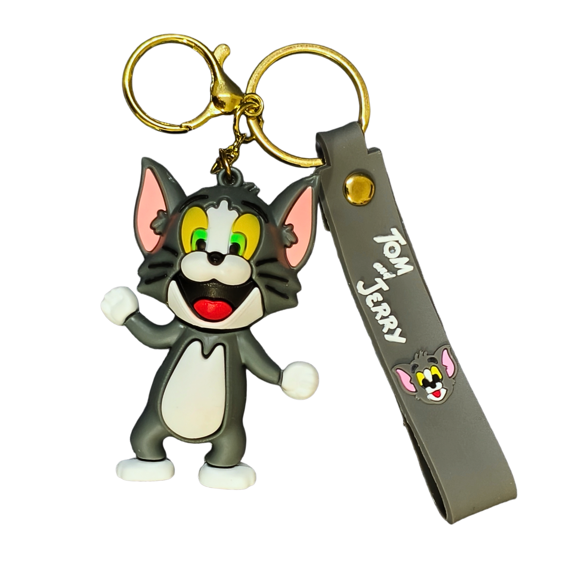 Keychain with cartoon character and 'Tom Jerry' strap on a white background