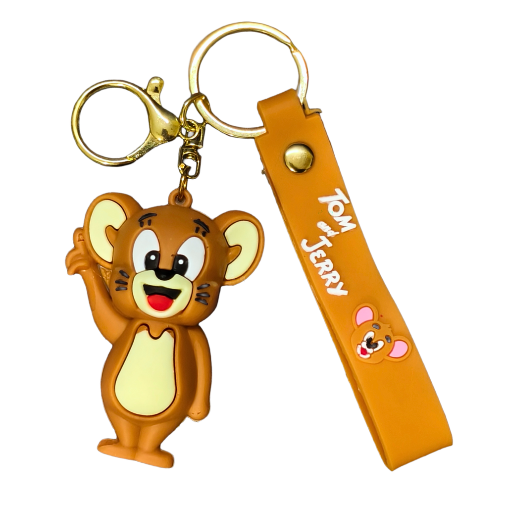 Keychain with cartoon character and orange strap on a white background