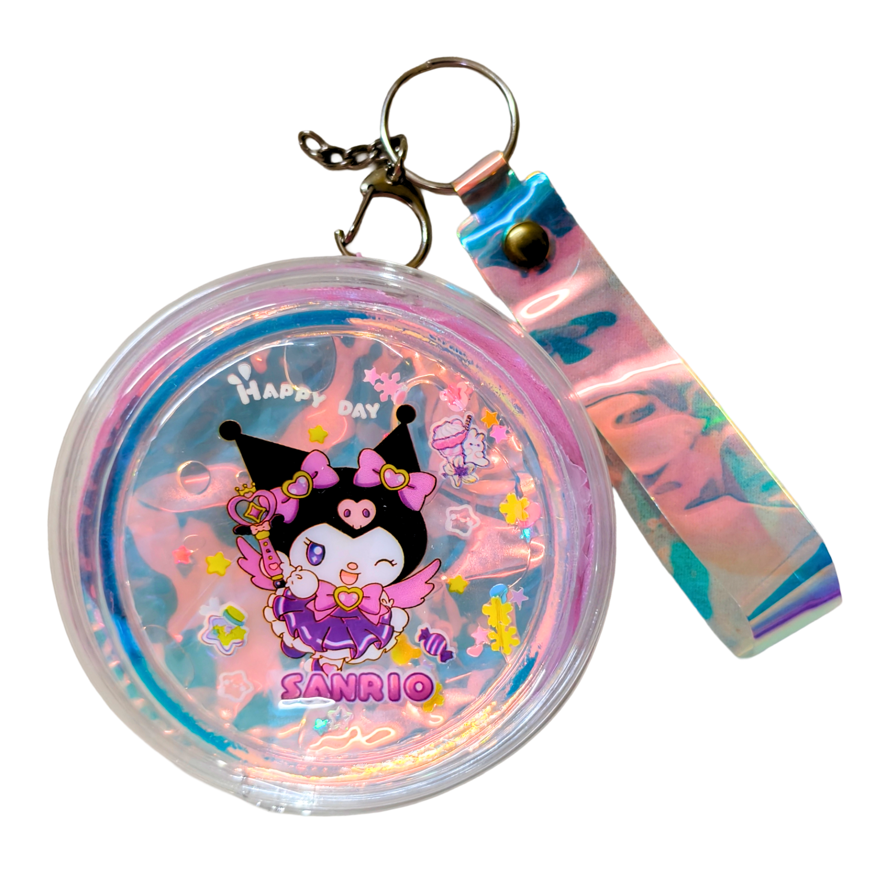 Keychain with cartoon character design on a clear background
