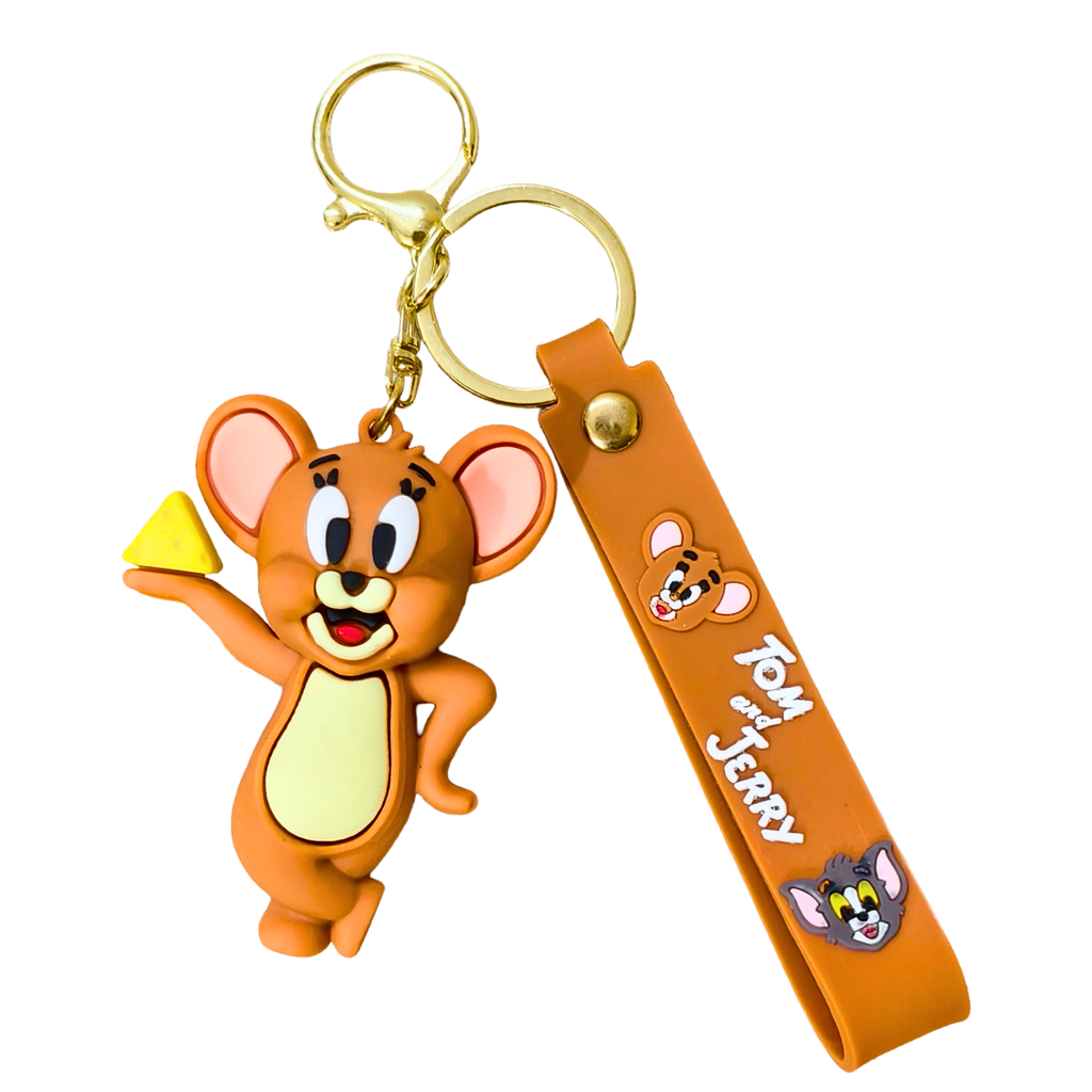 Keychain with cartoon mouse character and 'Tom and Jerry' strap on a white background